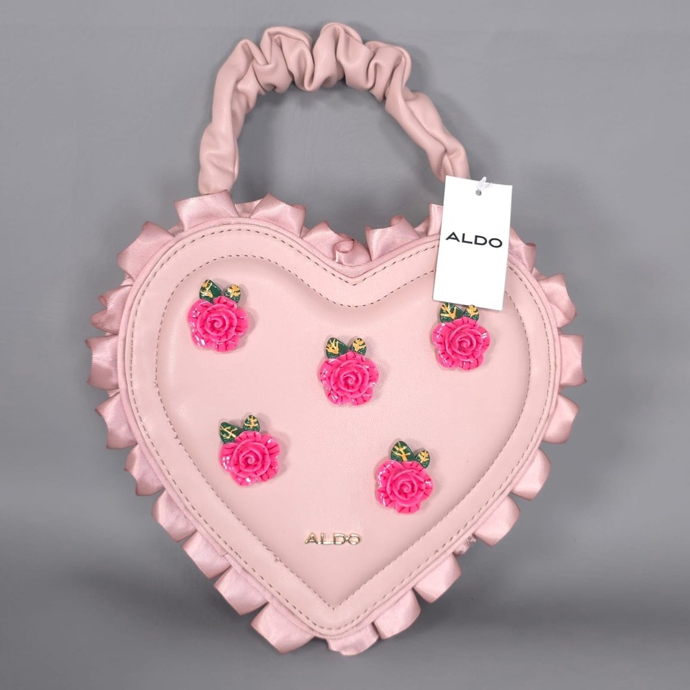 ALDO Womens New Heart Crossbody Bag Floral Ruffle Pink Top Handle Convertible